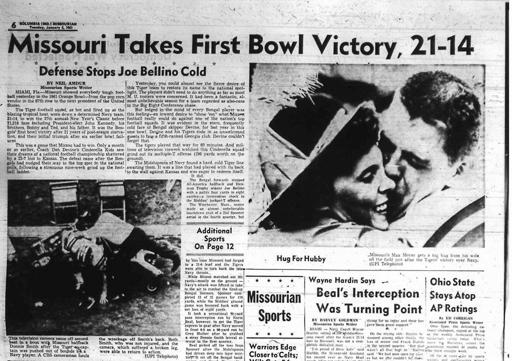 An article clipping after Missouri won their first bowl game